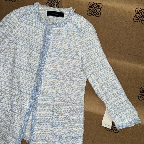 Zara NWT! Blue Kate Middleton Style Tweed Jacket In Light Blue Size L - Picture 5 of 16